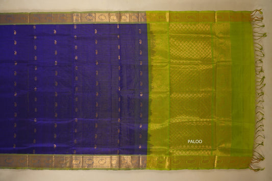 Blue with apple green Borders Silk Cotton Saree paloo