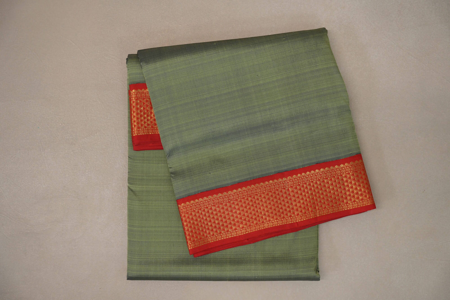 Muted Olive Green with bright red Borders Ten Yards Silk Saree by Shreenivas Silks PSSR019221