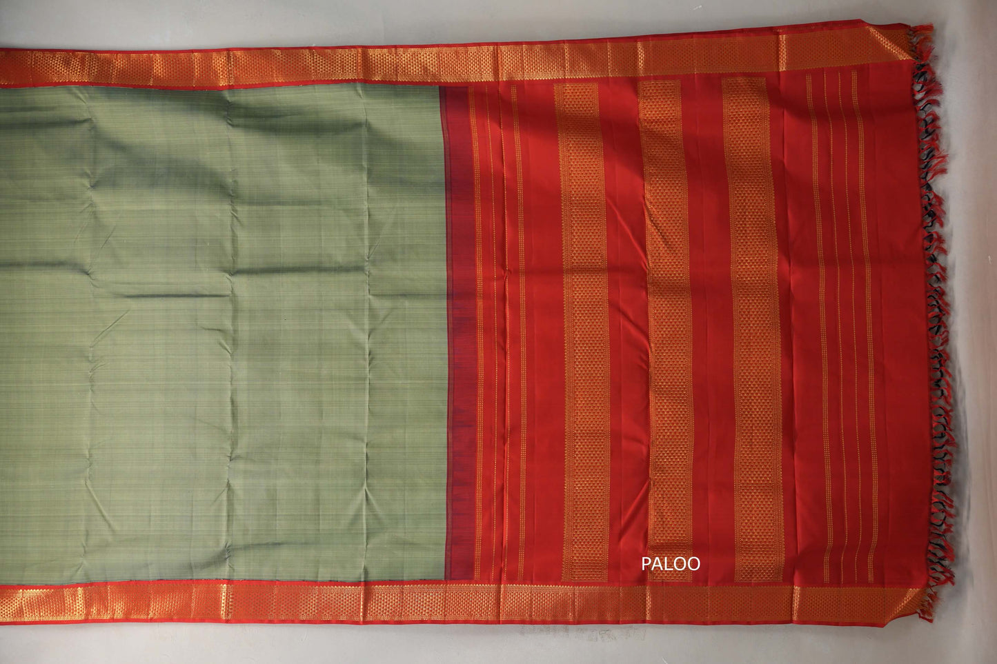 Muted Olive Green with bright red Borders Ten Yards Silk Saree by Shreenivas Silks PSSR019221