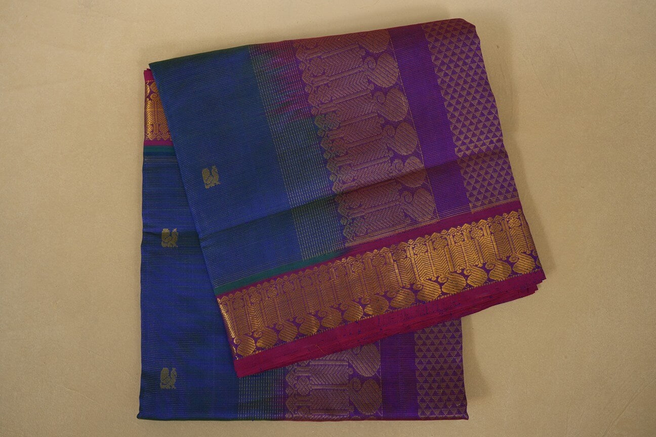 Peacock Blue with dark pink Borders Silk Cotton Saree 