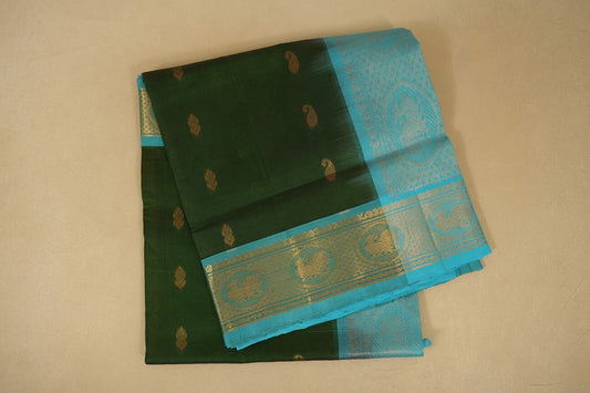 Bottle Green with Sky Blue Borders Silk Cotton Saree