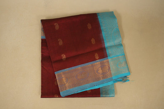 Burgundy Maroon with Sky Blue Borders Silk Cotton Saree
