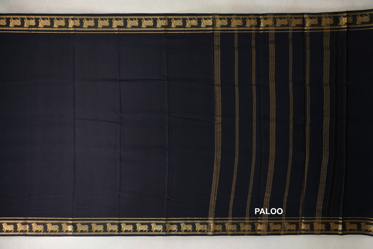 Jet Black Mysore Silk Saree  paloo