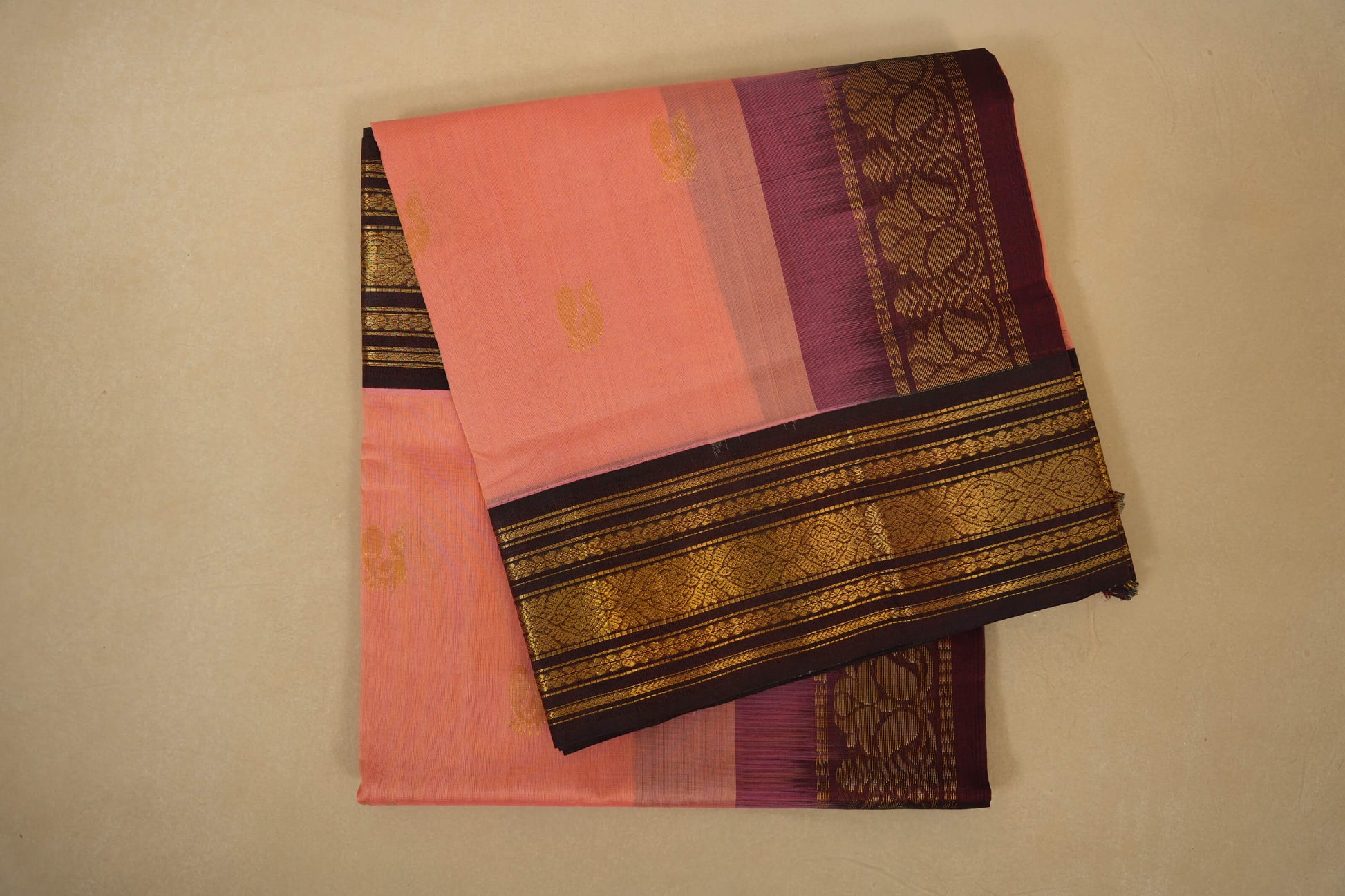 Peach Pink with Burgundy Maroon Borders Silk Cotton Saree