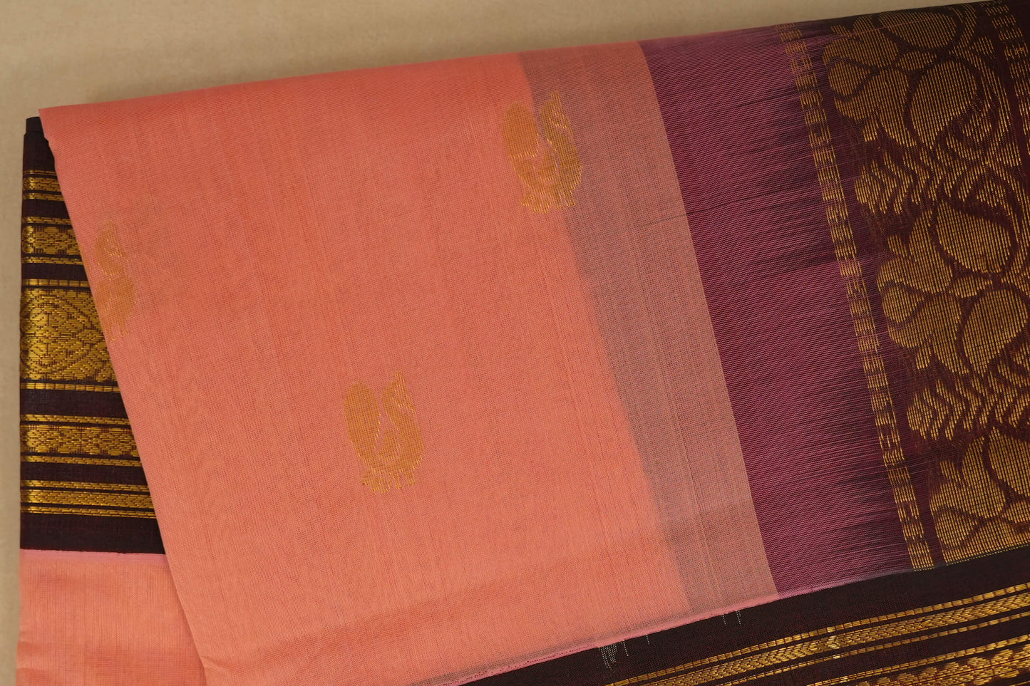 Peach Pink with Burgundy Maroon Borders Silk Cotton Saree body