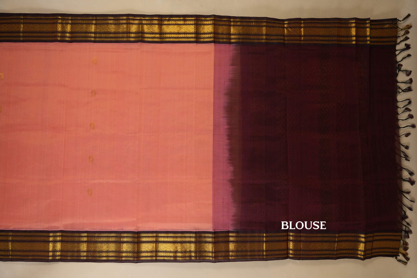 Peach Pink with Burgundy Maroon Borders Silk Cotton Saree blouse