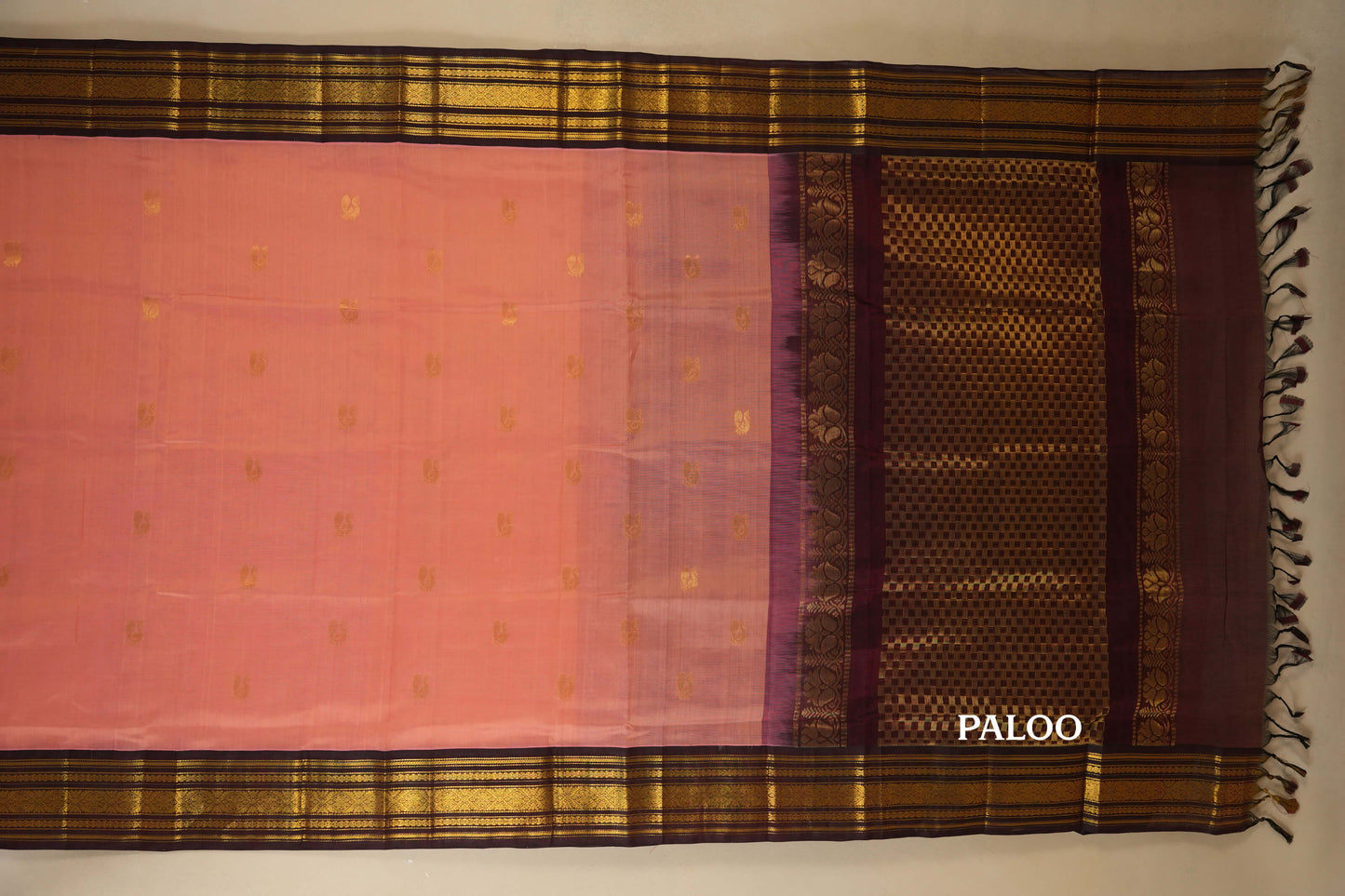 Peach Pink with Burgundy Maroon Borders Silk Cotton Saree paloo