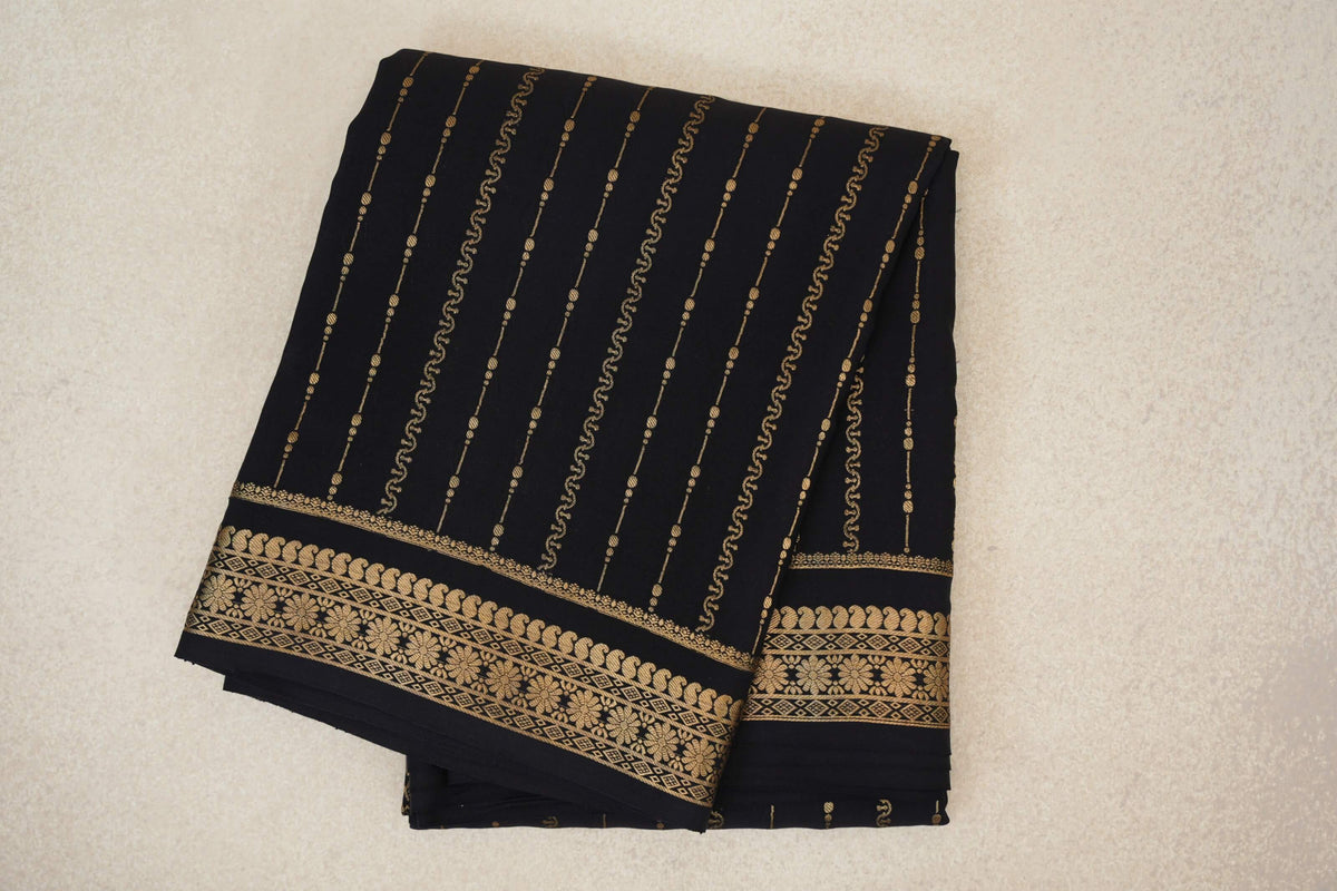 folded Jet Black Mysore Silk Saree