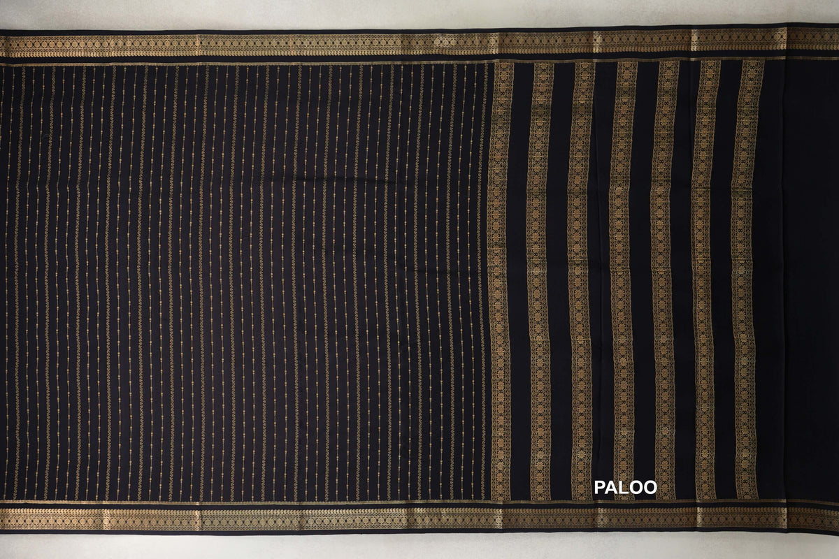 Jet Black Mysore Silk Saree paloo
