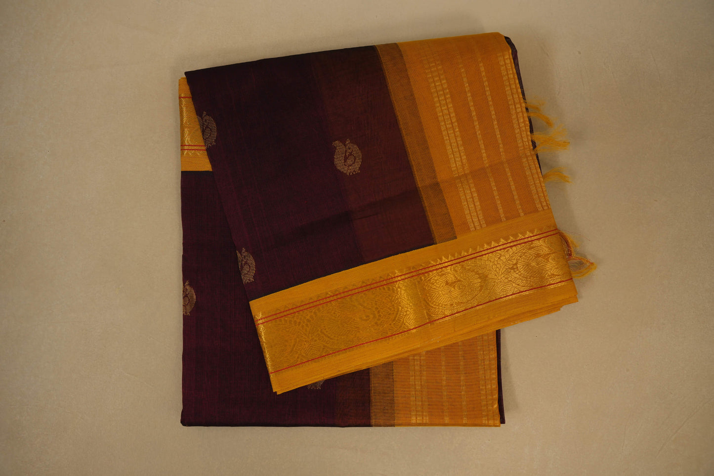 Maroon with Mustard Borders Silk Cotton Saree