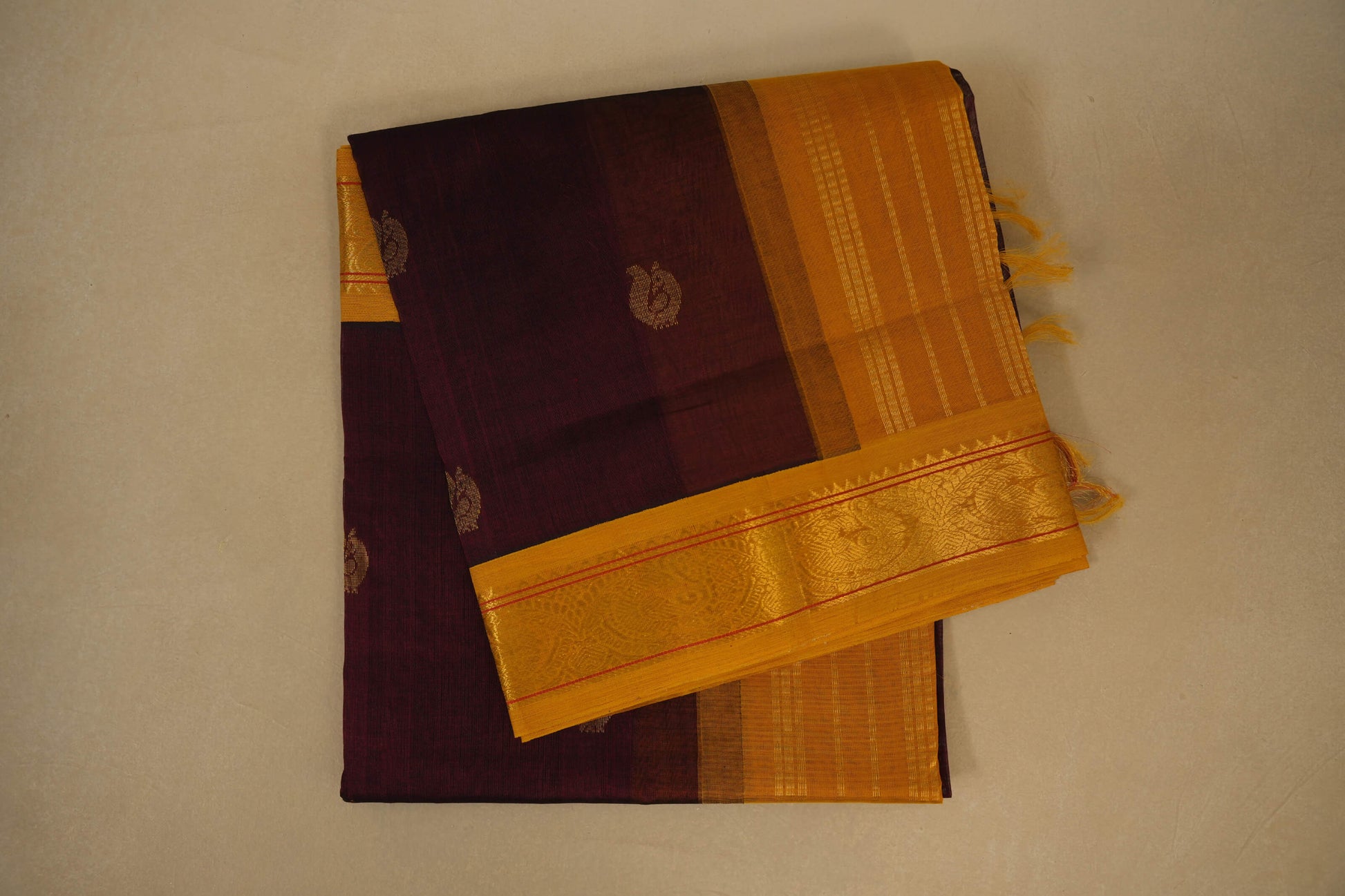 Maroon with Mustard Borders Silk Cotton Saree