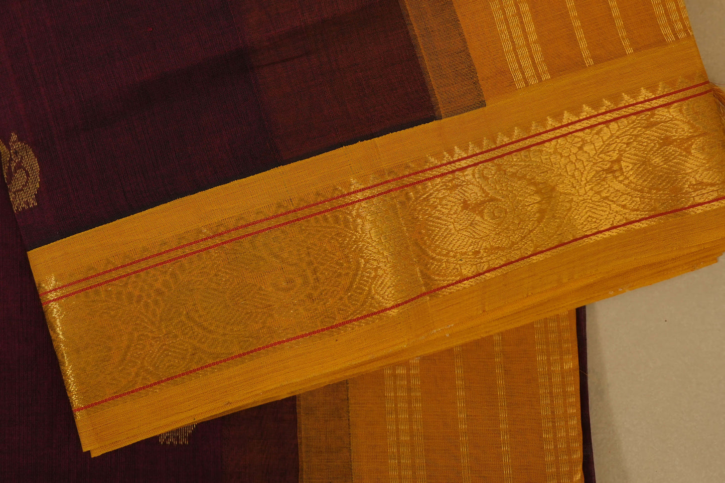 Maroon with Mustard Borders Silk Cotton Saree borders