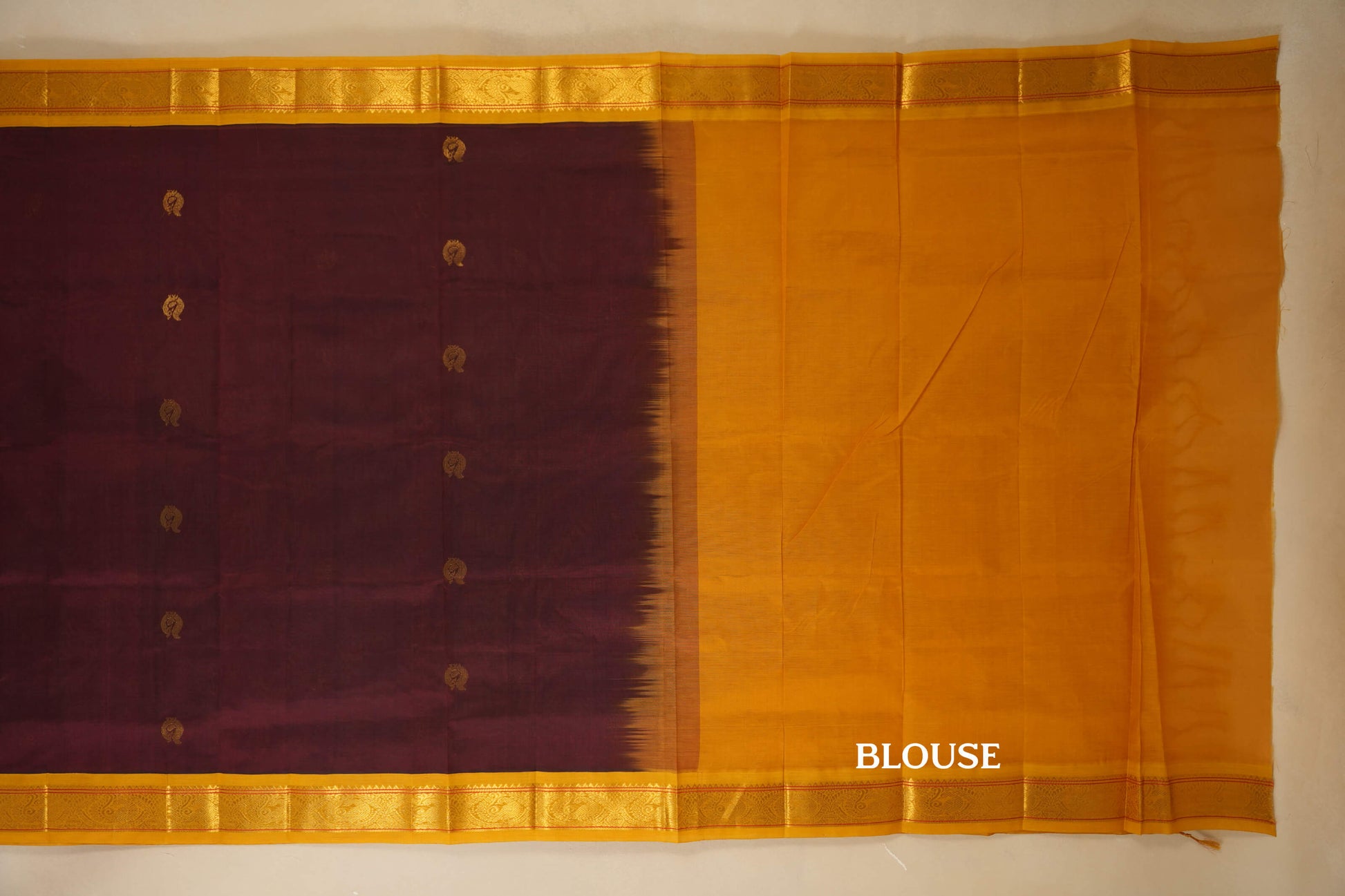 Maroon with Mustard Borders Silk Cotton Saree blouse
