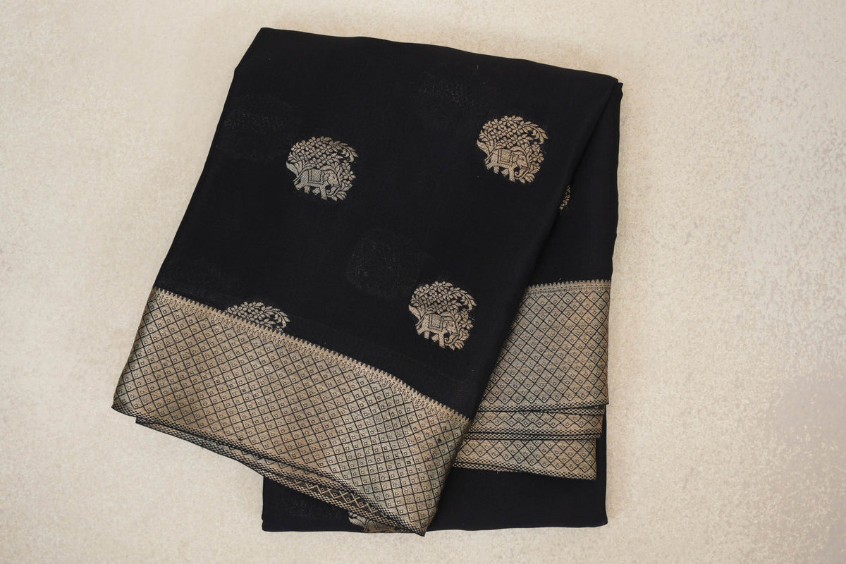 folded Jet Black Mysore Silk Saree 