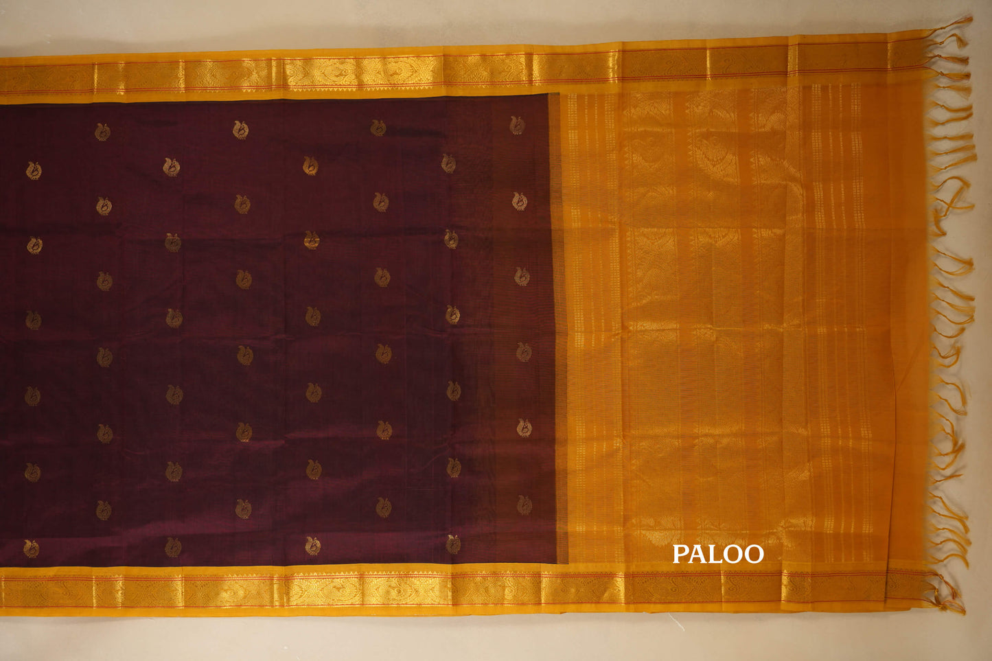 Maroon with Mustard Borders Silk Cotton Saree paloo