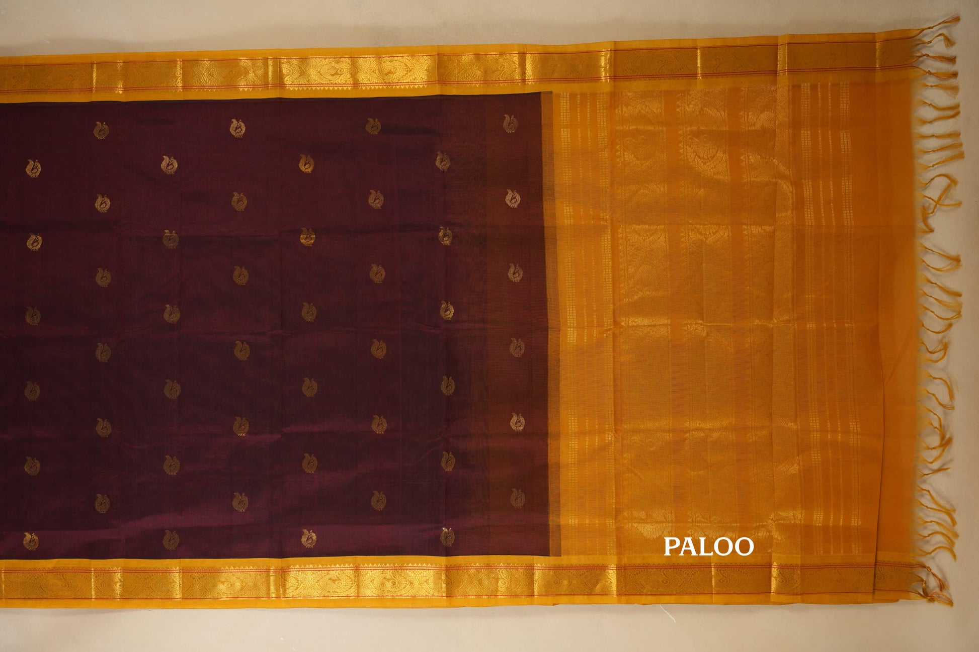 Maroon with Mustard Borders Silk Cotton Saree paloo