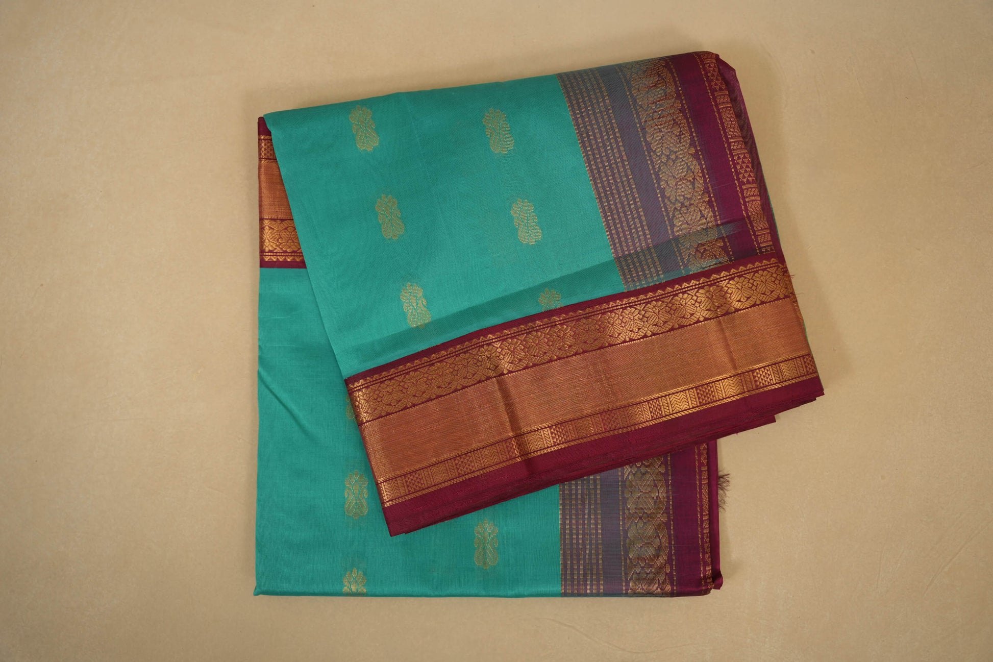 Rama Blue with Maroon Borders Silk Cotton Saree