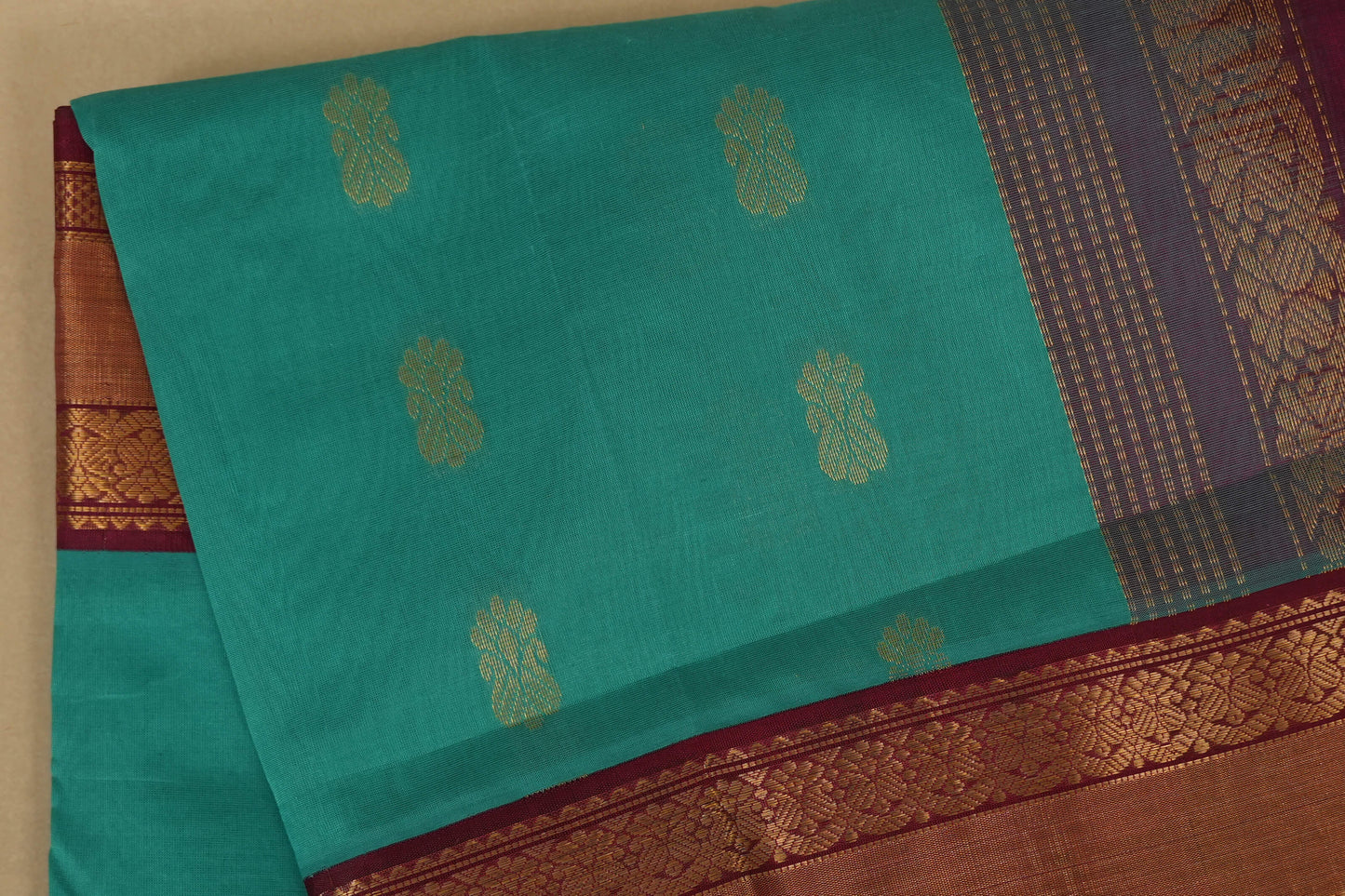 Rama Blue with Maroon Borders Silk Cotton Saree body