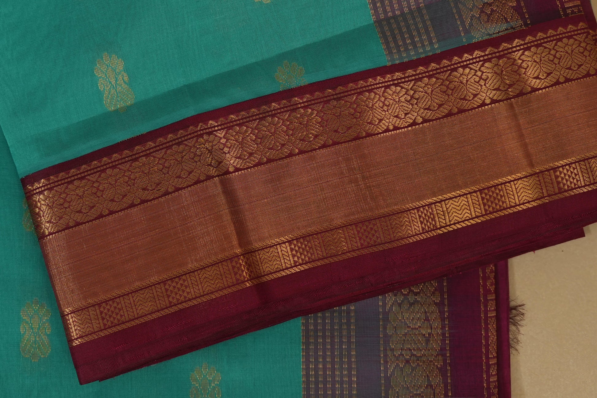 Rama Blue with Maroon Borders Silk Cotton Saree borders