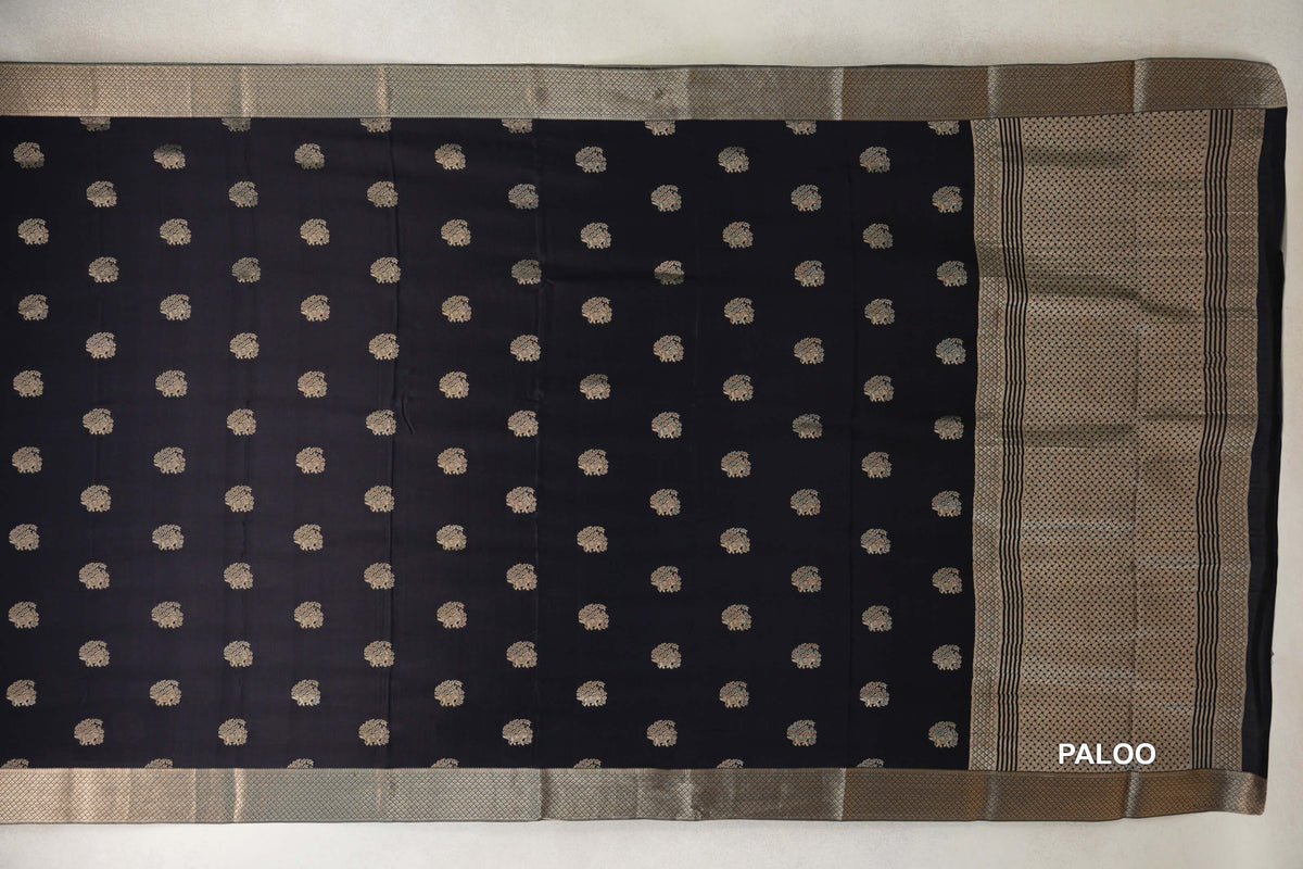 Jet Black Mysore Silk Saree  paloo