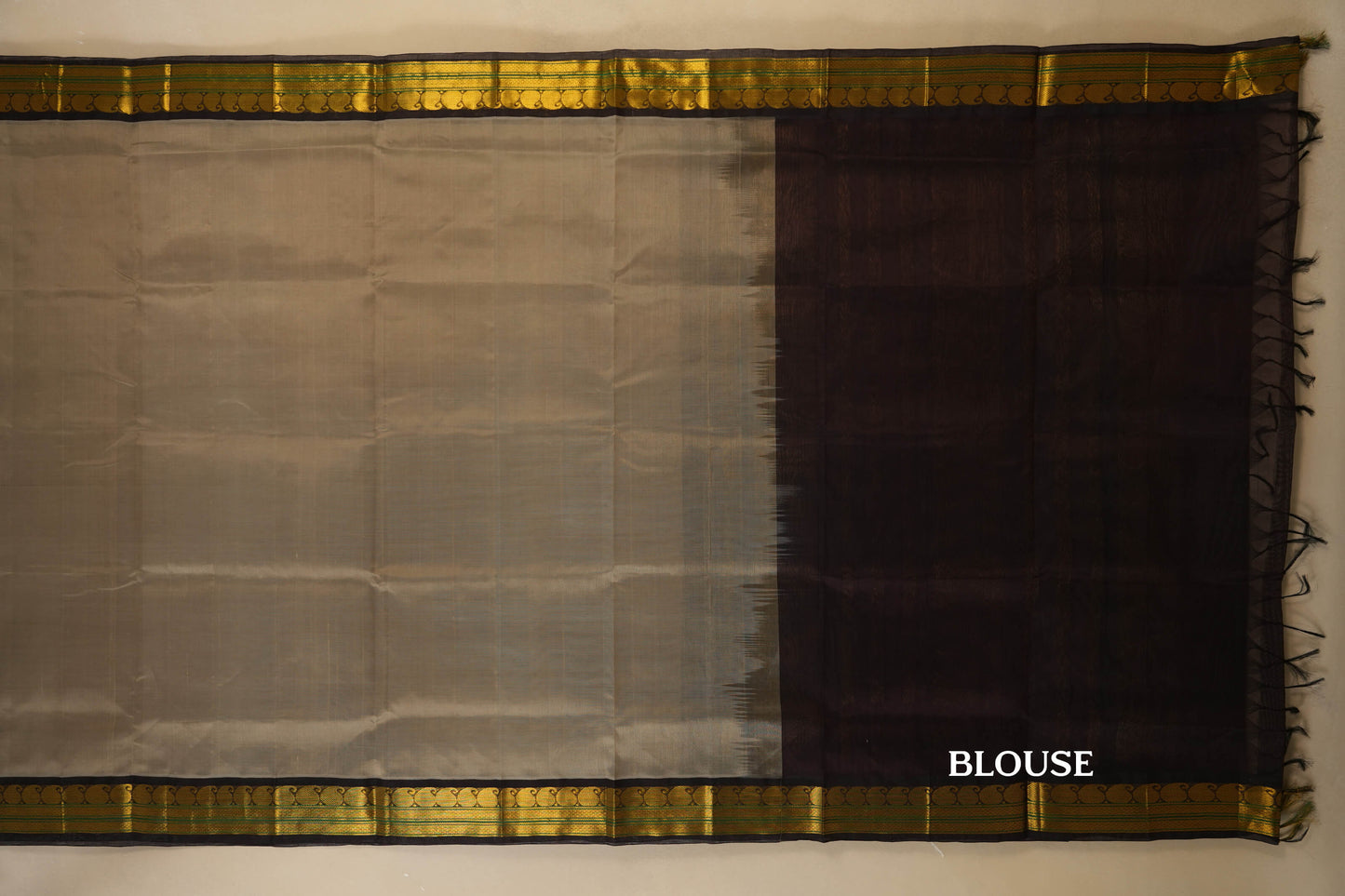 Light Grey with Deep Brown Borders Silk Cotton Saree blouse