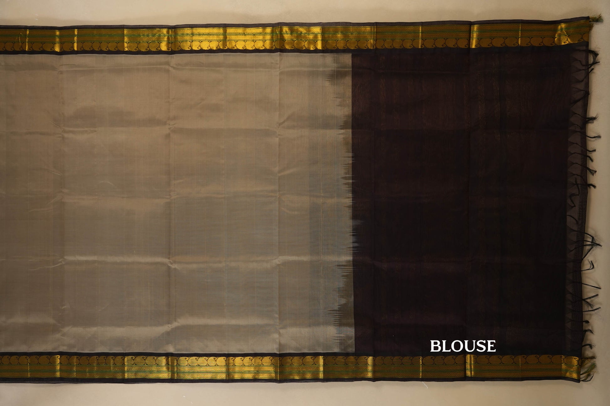 Light Grey with Deep Brown Borders Silk Cotton Saree blouse