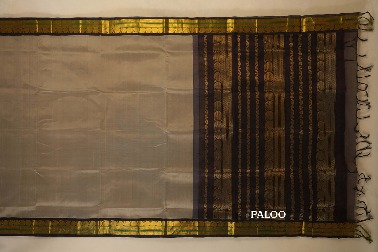 Light Grey with Deep Brown Borders Silk Cotton Saree paloo