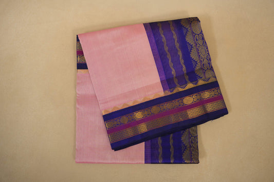 Baby Pink with Blue Borders Silk Cotton Saree