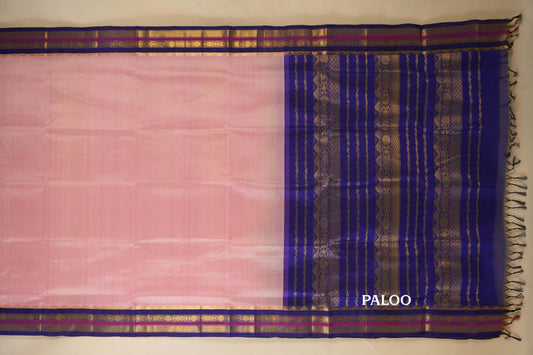 Baby Pink with Blue Borders Silk Cotton Saree paloo