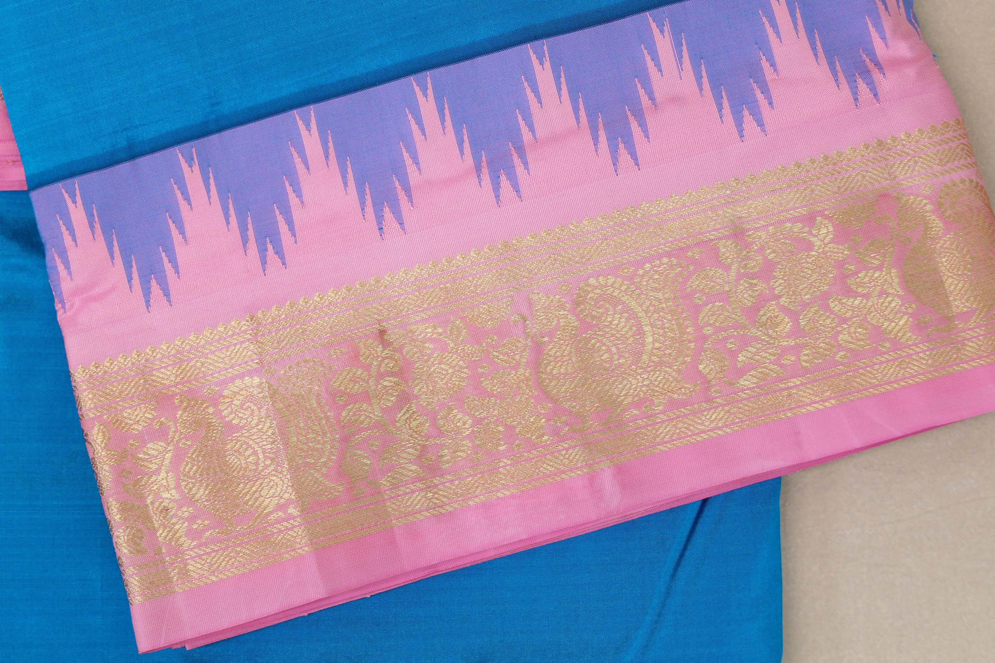 Azure Blue with Light Pink Borders Ten yards Silk Saree by Shreenivas Silks PSSR019231