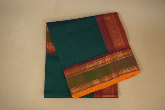 Peacock Green with Rust Borders Silk Cotton Saree