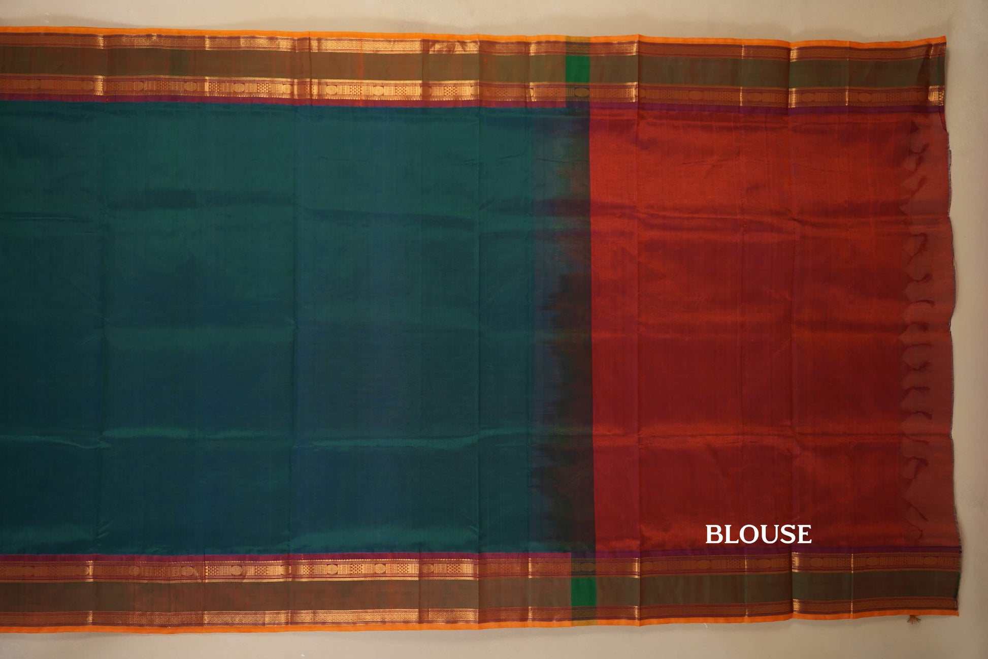 Peacock Green with Rust Borders Silk Cotton Saree blouse