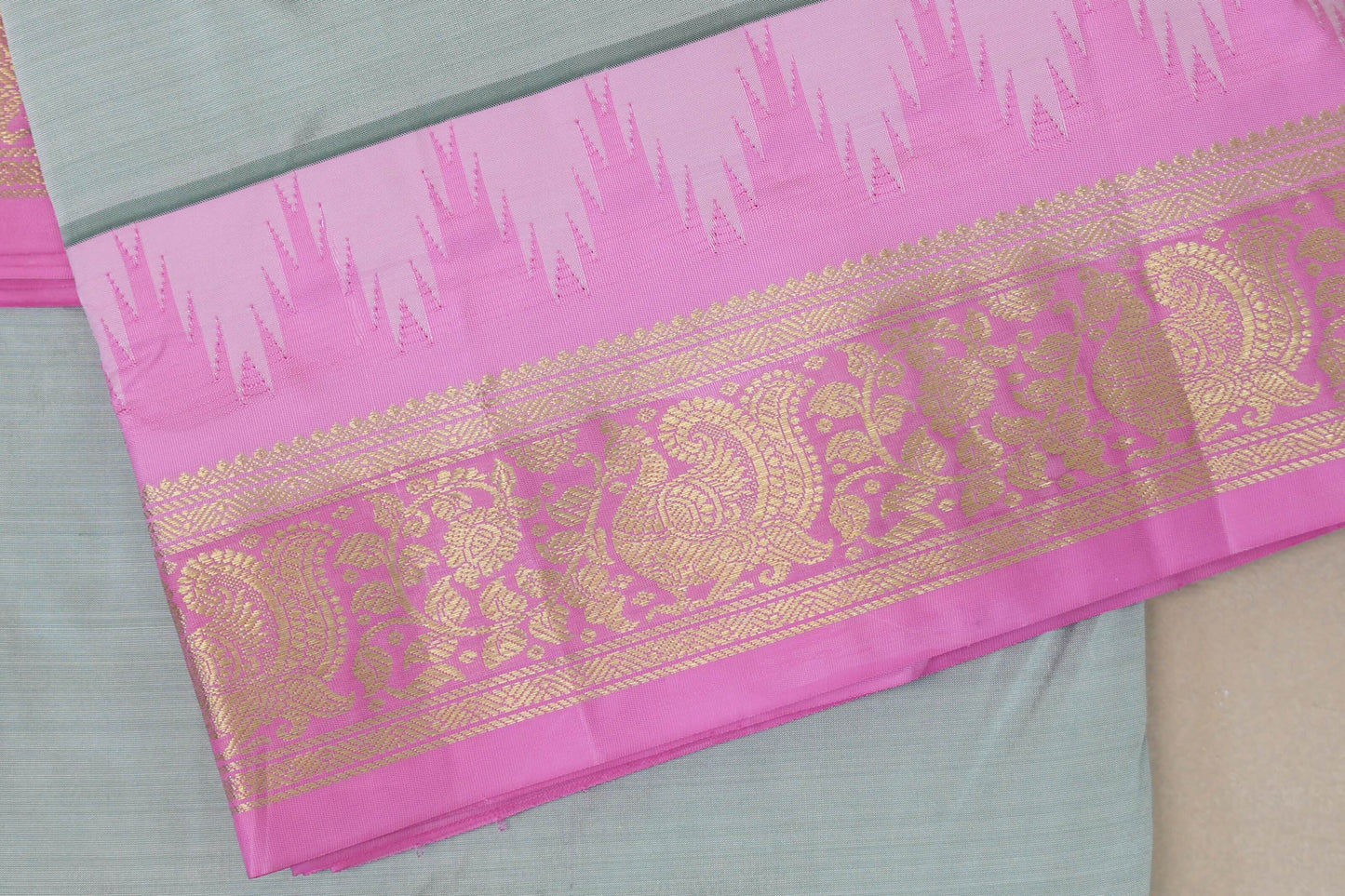 Pastel Sage Green with Rose Pink Borders Ten Yards Silk Saree by Shreenivas Silks PSSR019232
