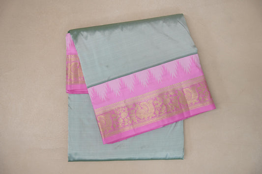 Pastel Sage Green with Rose Pink Borders Ten Yards Silk Saree by Shreenivas Silks PSSR019232
