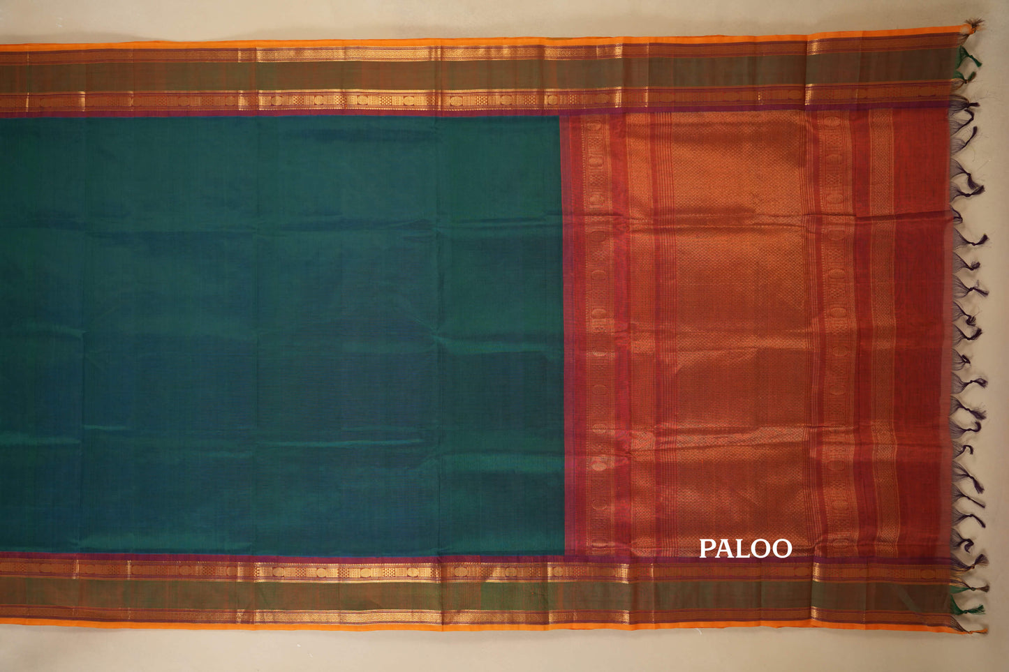Peacock Green with Rust Borders Silk Cotton Saree paloo