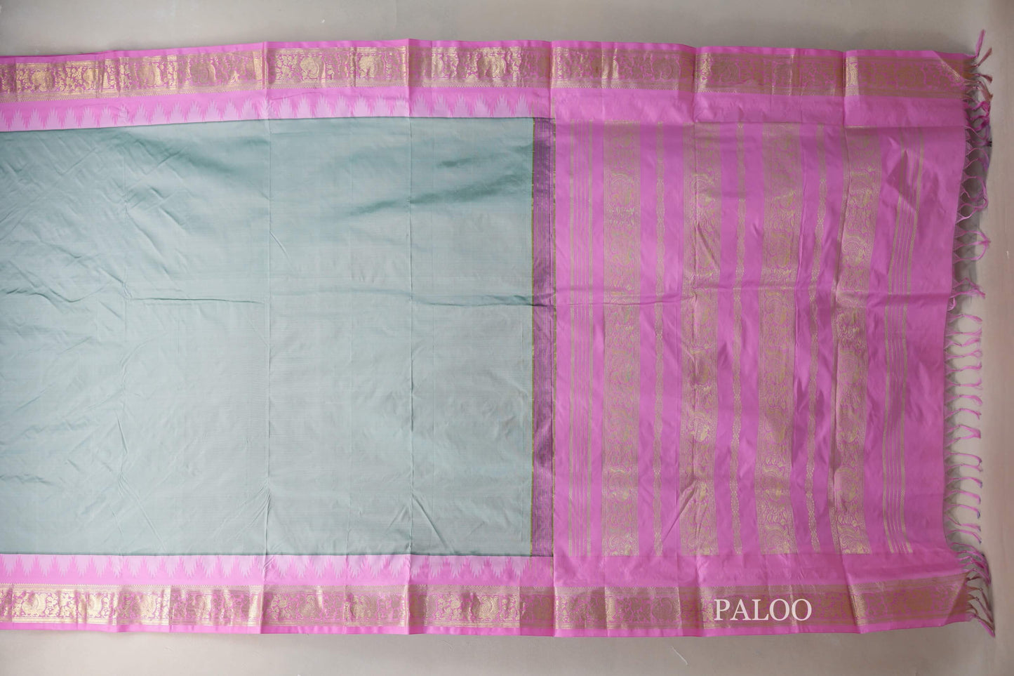 Pastel Sage Green with Rose Pink Borders Ten Yards Silk Saree by Shreenivas Silks PSSR019232