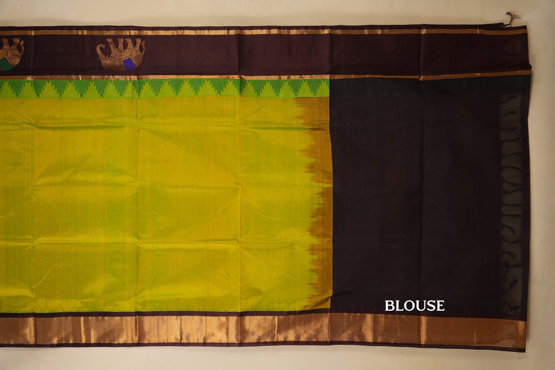 Fluorescent Green with Coffee Brown Borders Silk Cotton Saree blouse