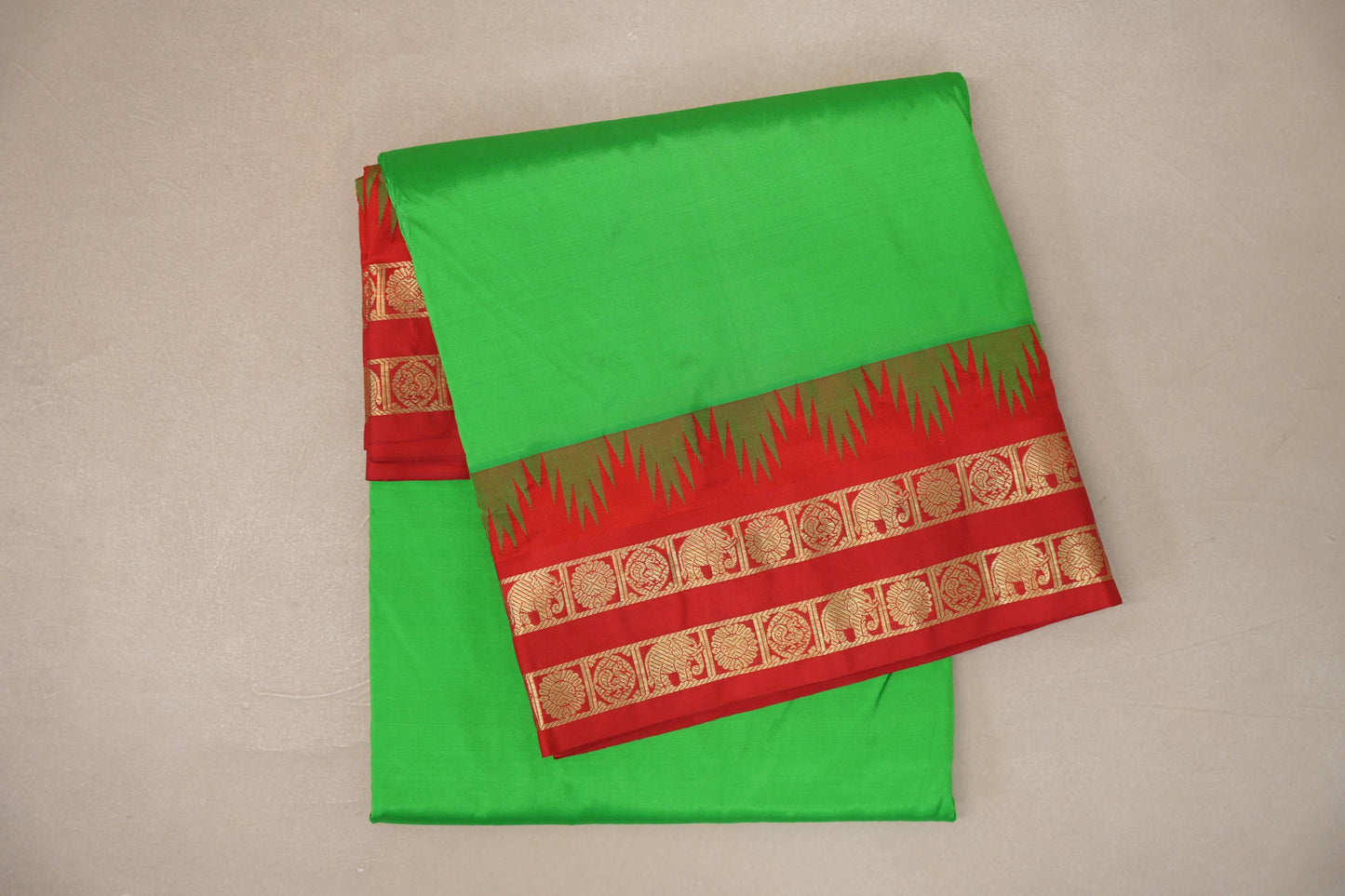 Bright Leaf Green with Bright Red Borders Ten Yards Silk Saree by Shreenivas Silks PSSR019234