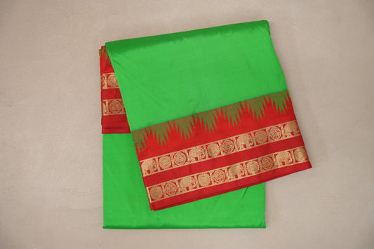 Bright Leaf Green with Bright Red Borders Ten Yards Silk Saree by Shreenivas Silks PSSR019234