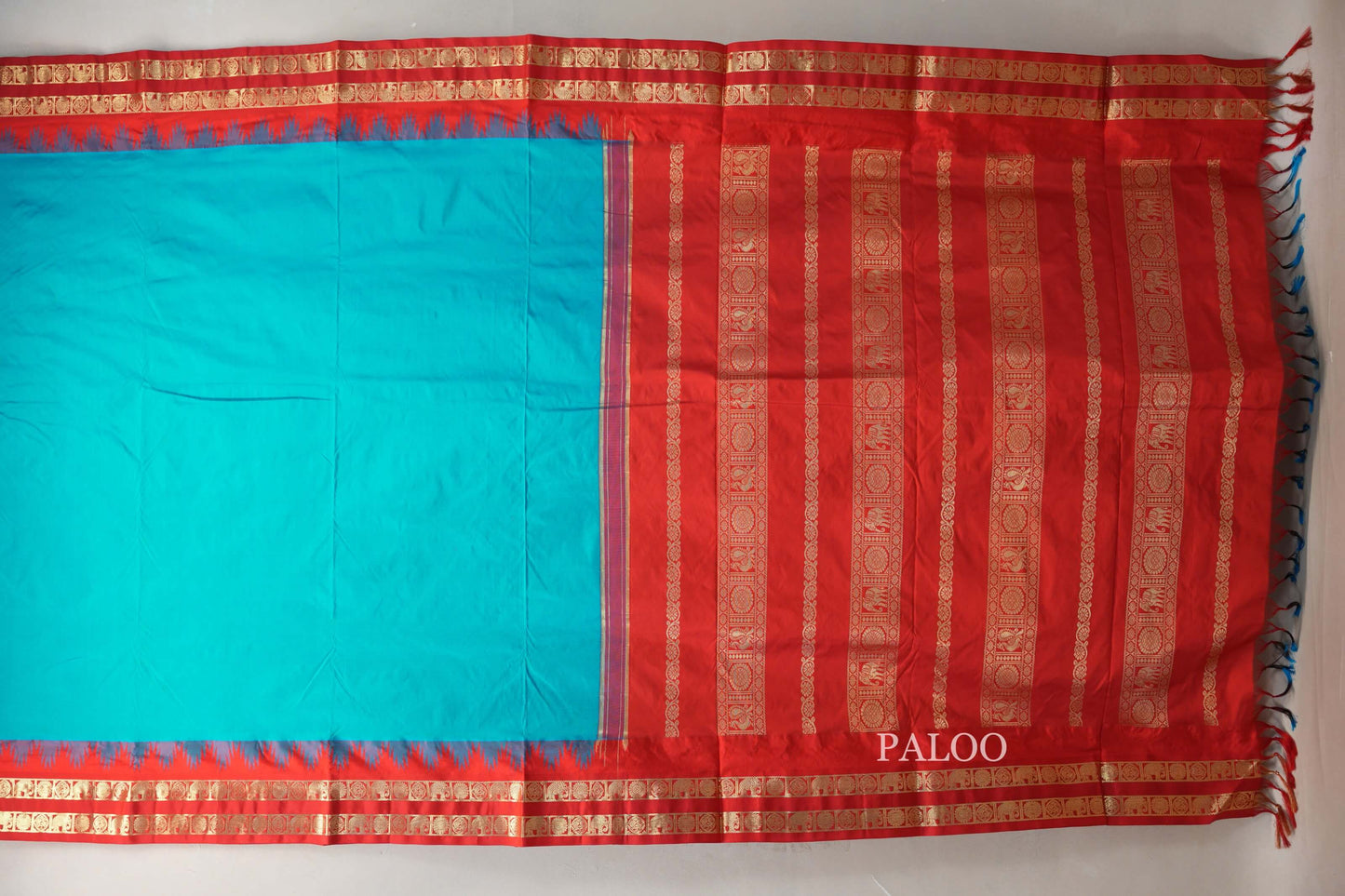 Deep Turquoise Blue with Bright Red Borders Ten Yards Silk Saree by Shreenivas Silks PSSR019235