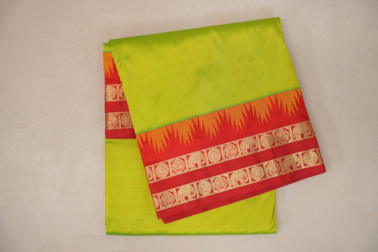 Yellowish Green with Bright Red Borders Ten Yards Silk Saree by Shreenivas Silks PSSR019238