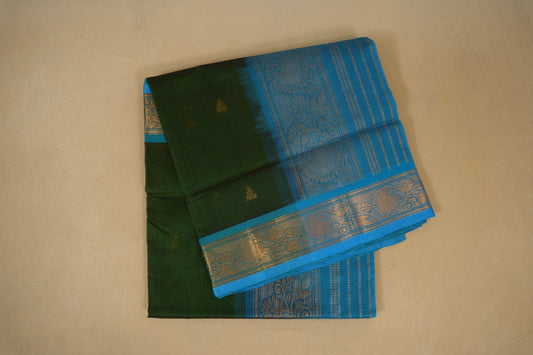 Bottle Green Vaira Oosi with Rama Blue Borders Vintage Silk Cotton Saree