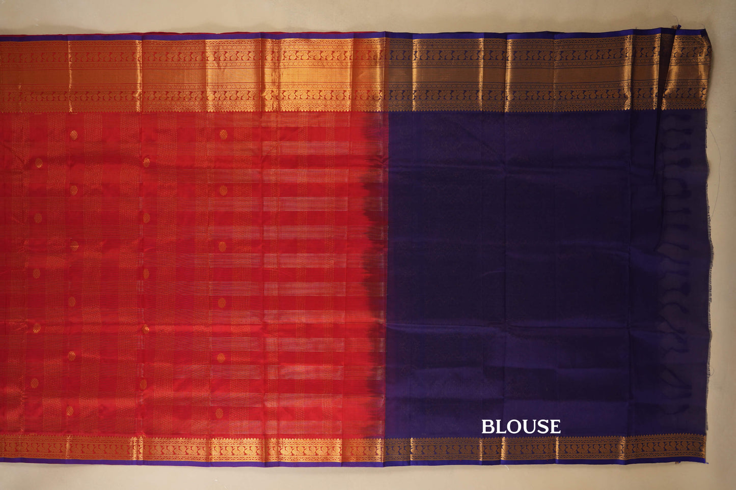 Red with Zari Checks Vintage Silk Cotton Saree blouse