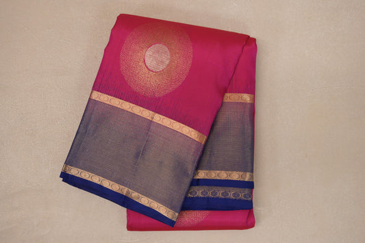 Bright Rani Pink with Deep Blue Borders Light Weight Kanjivaram Silk Saree