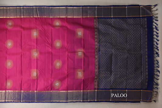 Bright Rani Pink with Deep Blue Borders Light Weight Kanjivaram Silk Saree paloo