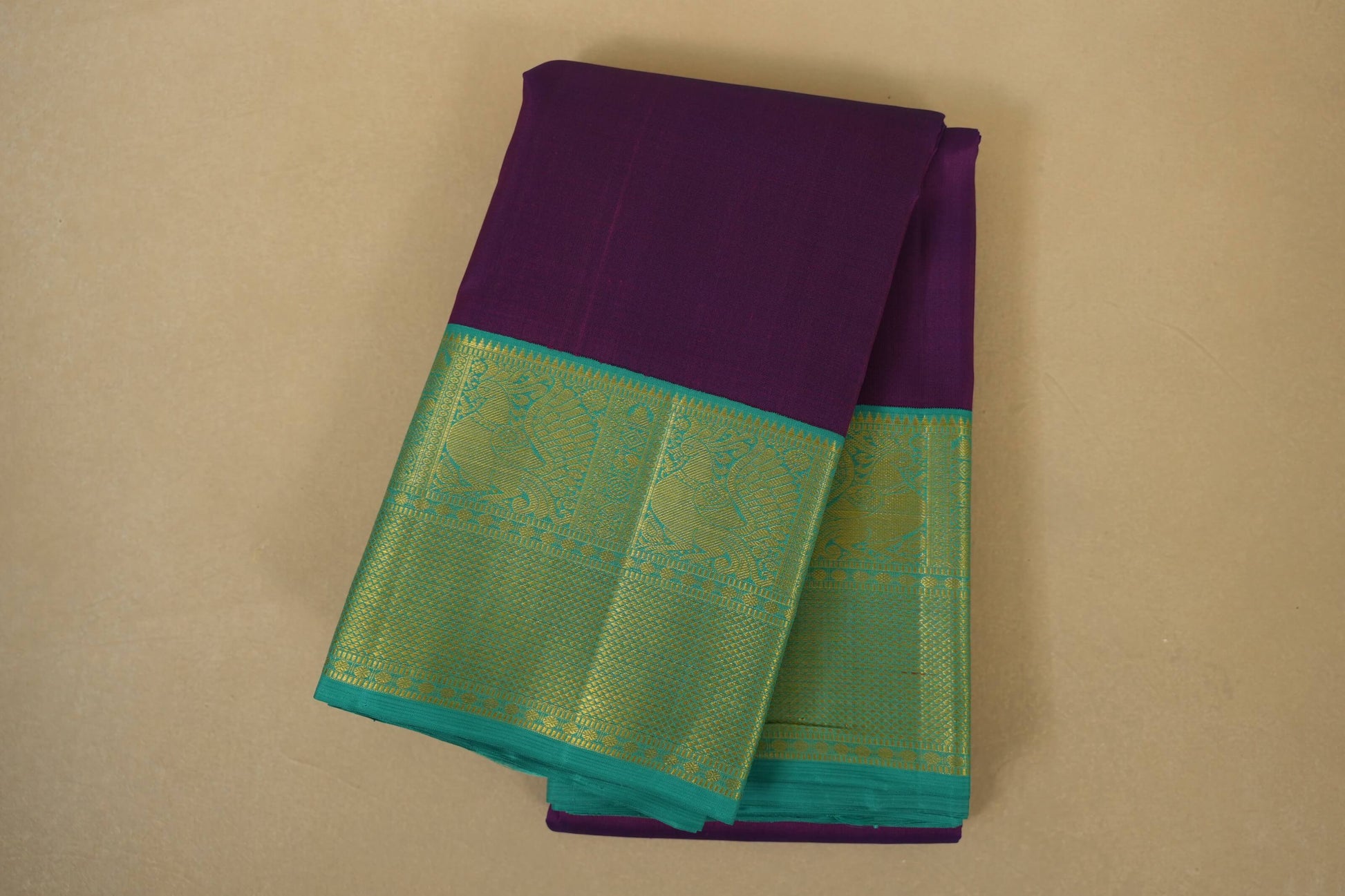 Folded Magenta with Rama Green Borders Vintage Kanjivaram Silk Saree 