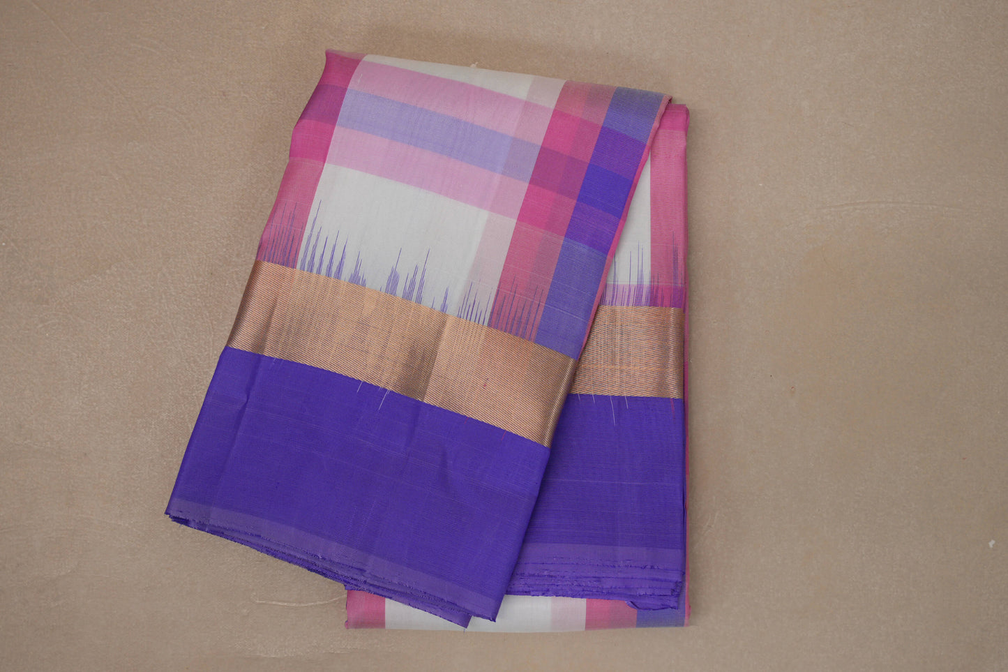 Multi Color Checks with Lavender Blue Borders Light Weight Kanjivaram Silk Saree