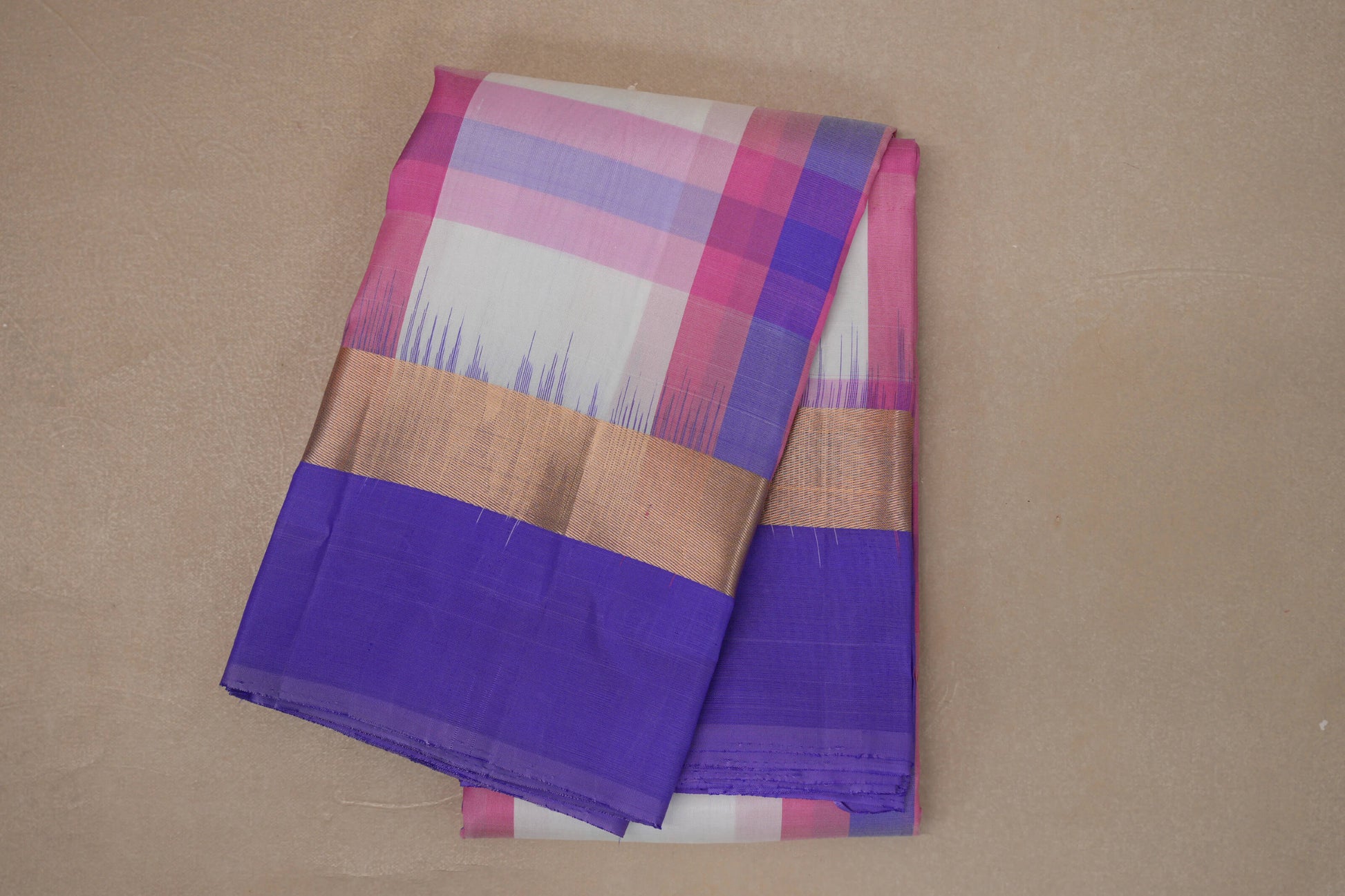 Multi Color Checks with Lavender Blue Borders Light Weight Kanjivaram Silk Saree