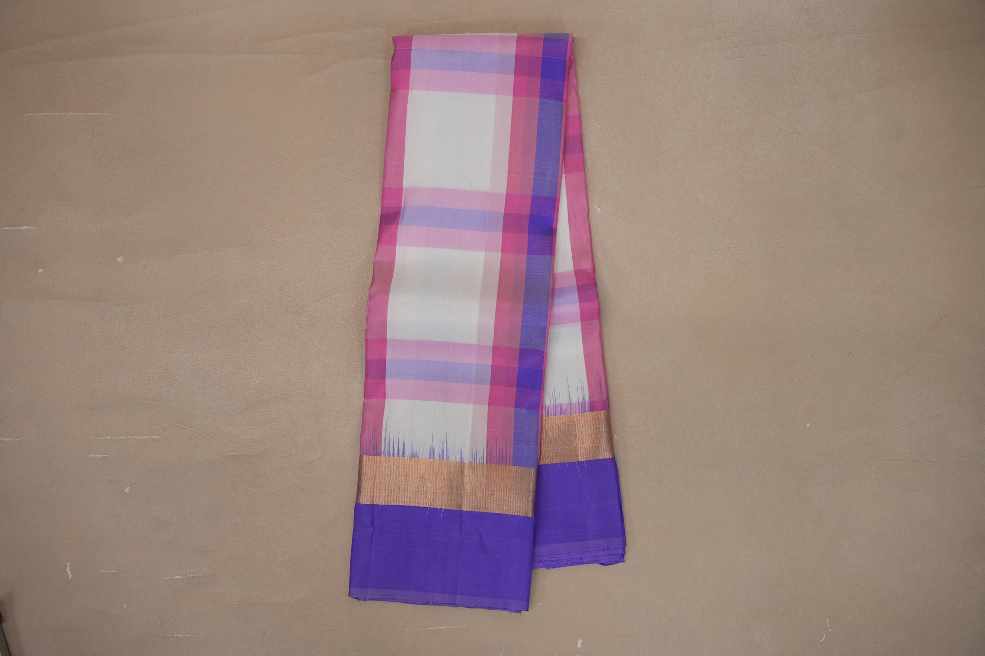 Online Multi Color Checks with Lavender Blue Borders Light Weight Kanjivaram Silk Saree