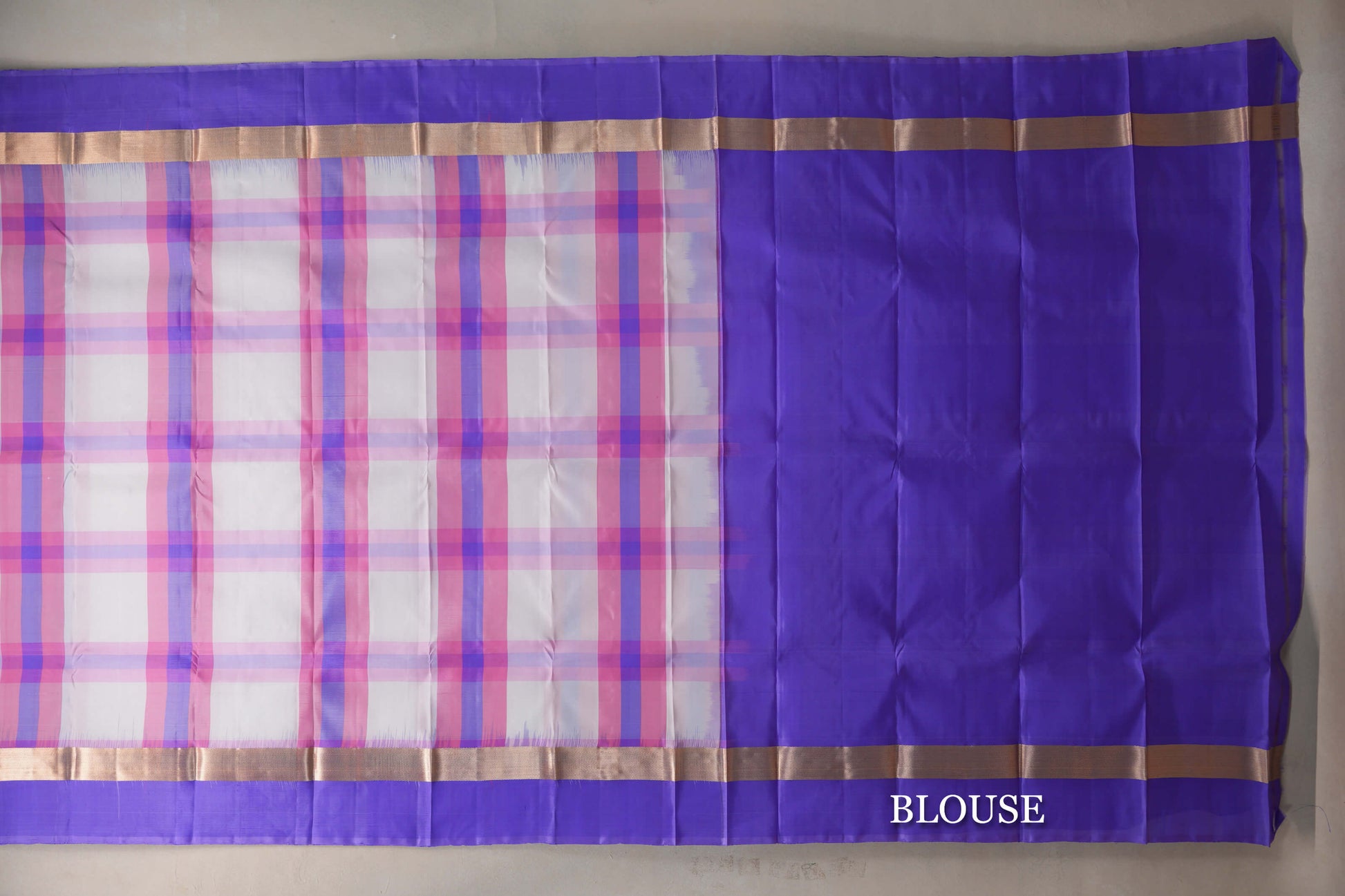 Multi Color Checks with Lavender Blue Borders Light Weight Kanjivaram Silk Saree blouse